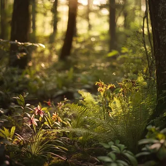 Charming forest understory showcasing a variety of small plants and orchids. - Image 1