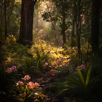 Charming forest understory showcasing a variety of small plants and orchids. - Image 4