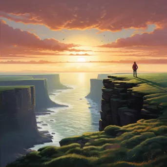 Artistic depiction of traveler at cliff edge overlooking sunset-lit ocean view - Image 2