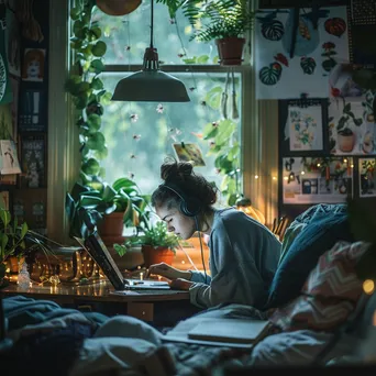 Teen studying online with headphones in a cozy room. - Image 1