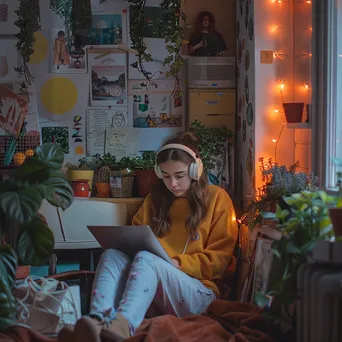 Teen studying online with headphones in a cozy room. - Image 2