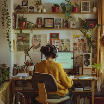 Teen studying online with headphones in a cozy room. - Image 3