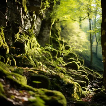 Ancient stone cliffs covered in vibrant green moss. - Image 1