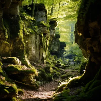 Ancient stone cliffs covered in vibrant green moss. - Image 2