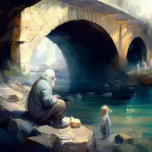 Picture of a calm river flowing under a stone bridge with an elderly man and children - Image 4