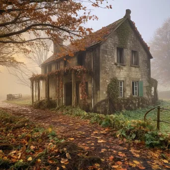 Abandoned farmhouse surrounded by autumn leaves and mist - Image 1