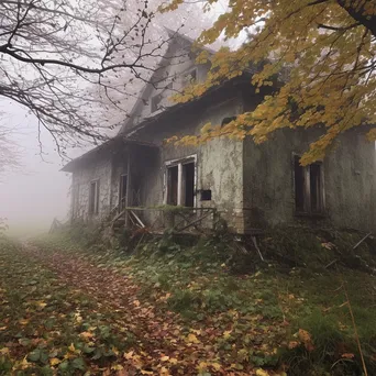 Abandoned farmhouse surrounded by autumn leaves and mist - Image 2