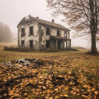 Abandoned farmhouse surrounded by autumn leaves and mist - Image 3