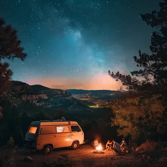 Vintage van parked at a mountain overlook under a starry sky - Image 1