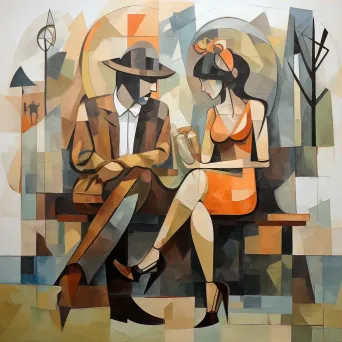 Cubist style fragmented painting of a couple sitting on a park bench - Image 3