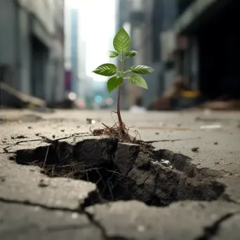 Fragile sapling pushing through cracks in concrete pavement - Image 4