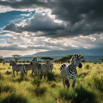 Group of zebras grazing in a green meadow. - Image 1