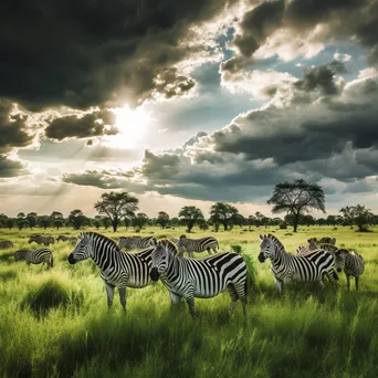 Group of zebras grazing in a green meadow. - Image 3