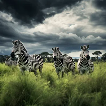 Group of zebras grazing in a green meadow. - Image 4