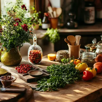 Rustic kitchen counter with fresh herbs and colorful vegetables - Image 1