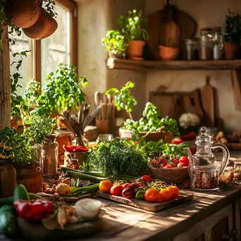 Rustic kitchen counter with fresh herbs and colorful vegetables - Image 3