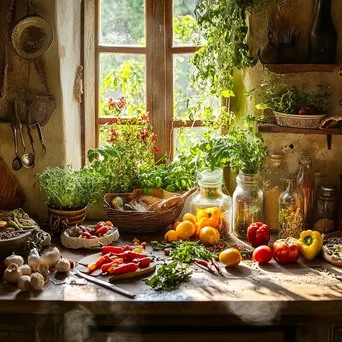 Rustic kitchen counter with fresh herbs and colorful vegetables - Image 4