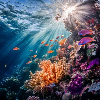 Underwater scene with a school of tropical fish swimming around colorful corals. - Image 1