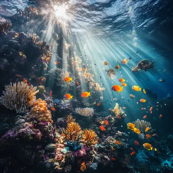 Underwater scene with a school of tropical fish swimming around colorful corals. - Image 3