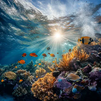 Underwater scene with a school of tropical fish swimming around colorful corals. - Image 4