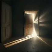 Open door in a dark room with sunlight shining through - Image 4