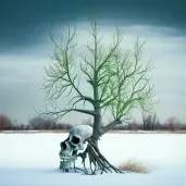 Skeletal tree with green leaf in winter - Image 1