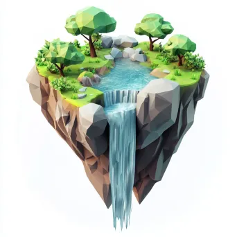 Low poly isometric view of a mythical floating island with cascading waterfall - Image 1