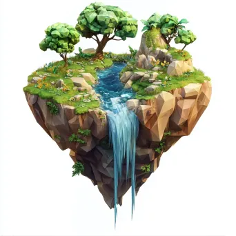 Low poly isometric view of a mythical floating island with cascading waterfall - Image 2