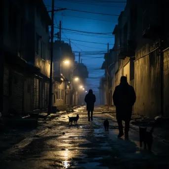 Black and white urban alley at night with people and cats - Image 1