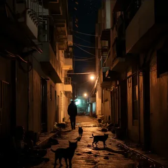 Black and white urban alley at night with people and cats - Image 3