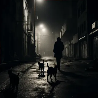 Black and white urban alley at night with people and cats - Image 4