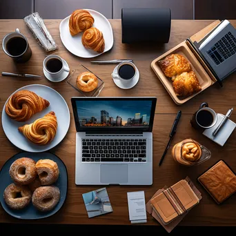 Flat lay of coffee cups, pastries, and work items on a table - Image 2