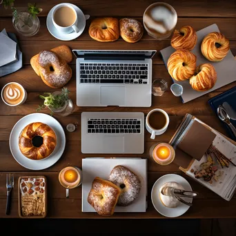 Flat lay of coffee cups, pastries, and work items on a table - Image 4