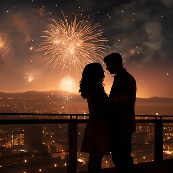 Couple silhouetted against the city skyline enjoying fireworks on New Year