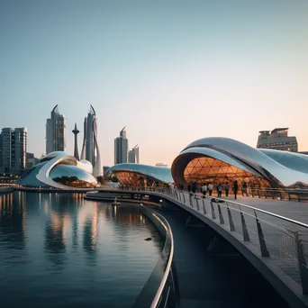 Futuristic city by the water captured during golden hour - Image 1