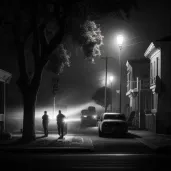 Illustration of a crime scene investigation under harsh streetlamp light - Image 1