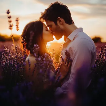 Couple kissing in a lavender field at sunset - Image 1