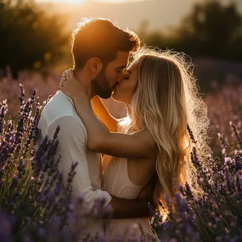 Couple kissing in a lavender field at sunset - Image 2