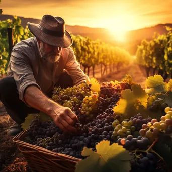 Worker harvesting grapes in a vineyard during sunset - Image 1