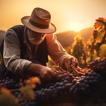 Worker harvesting grapes in a vineyard during sunset - Image 3