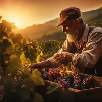 Worker harvesting grapes in a vineyard during sunset - Image 4