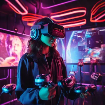 Young woman using a VR headset immersed in gaming. - Image 1