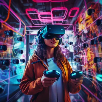 Young woman using a VR headset immersed in gaming. - Image 3