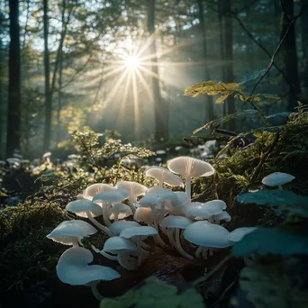 Delicate White Mushrooms in Shaded Forest