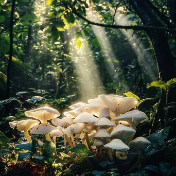 Cluster of white mushrooms in a shaded forest - Image 3