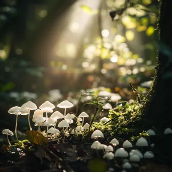 Cluster of white mushrooms in a shaded forest - Image 4