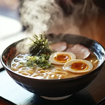 A steaming bowl of ramen positioned in soft light, portrayed in Japanese Ukiyo-e style - Image 1