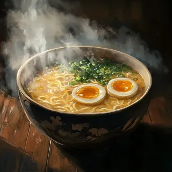 A steaming bowl of ramen positioned in soft light, portrayed in Japanese Ukiyo-e style - Image 2