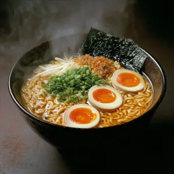 A steaming bowl of ramen positioned in soft light, portrayed in Japanese Ukiyo-e style - Image 4