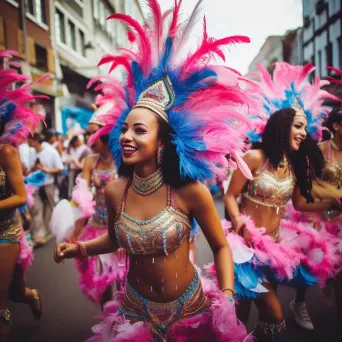 Group of samba dancers in vibrant costumes dancing in a lively street parade - Image 1